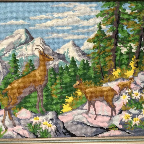 Beautiful needlework needle art deer in forest professional framed - Picture 4 of 5